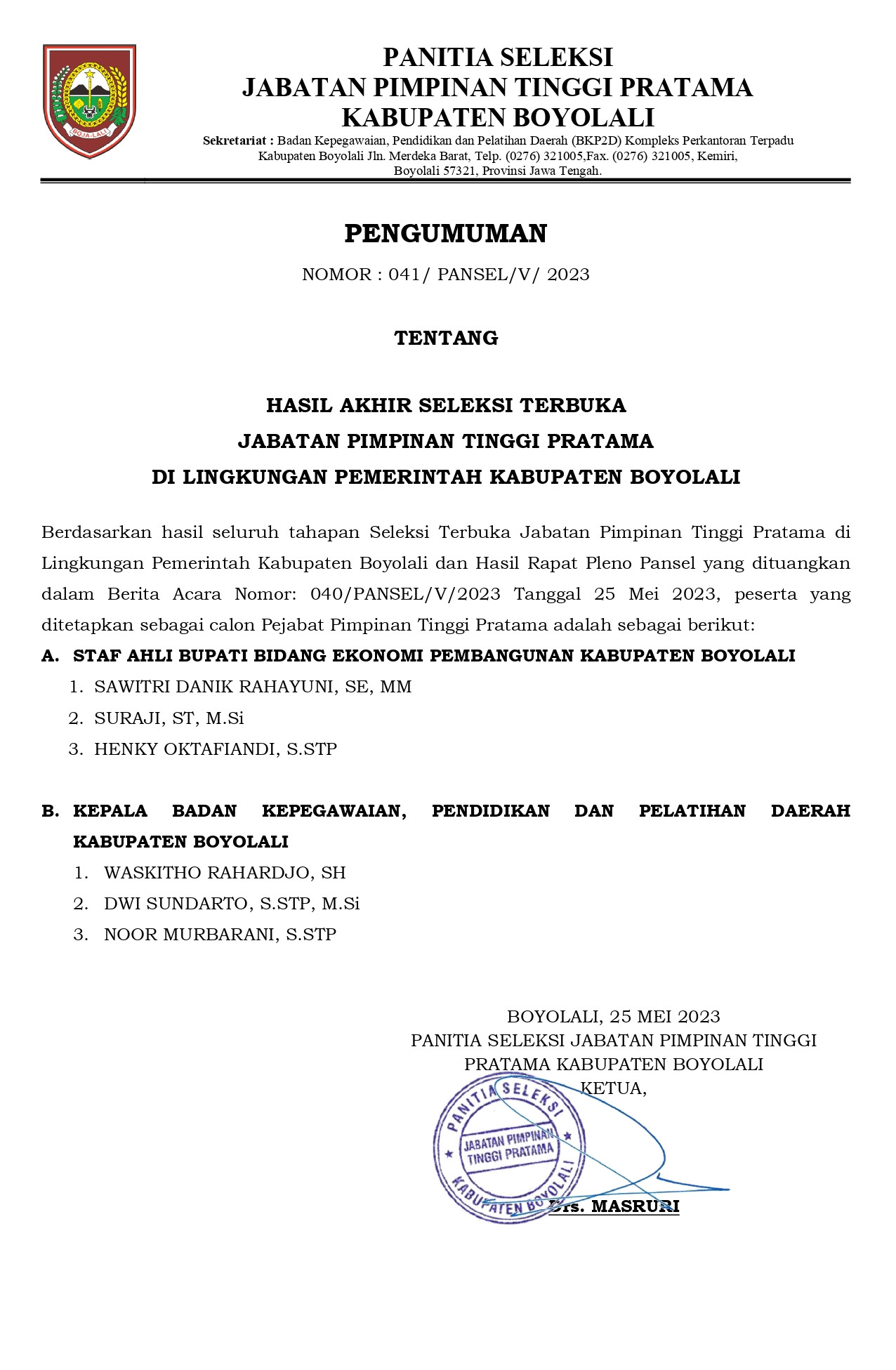 Pengumuman Hasil 3 Besar Seleksi Terbuka JPT Pratama Kab. Boyolali Tahun 2023